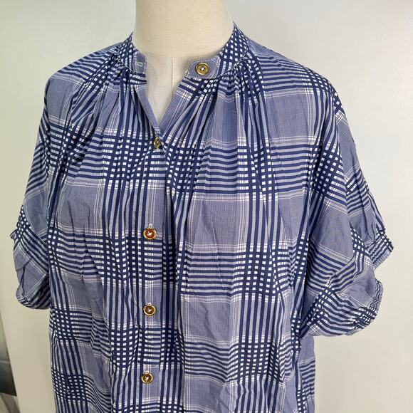 Never A Wallflower Elastic Sleeve Dress Navy Blue Plaid Printed Cotton Mini - Picture 2 of 8